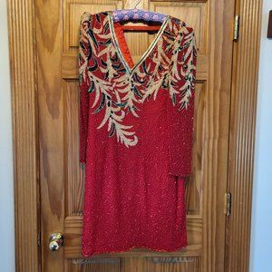 VINTAGE 80's Red Long Sleeve Beaded Sequin Dress